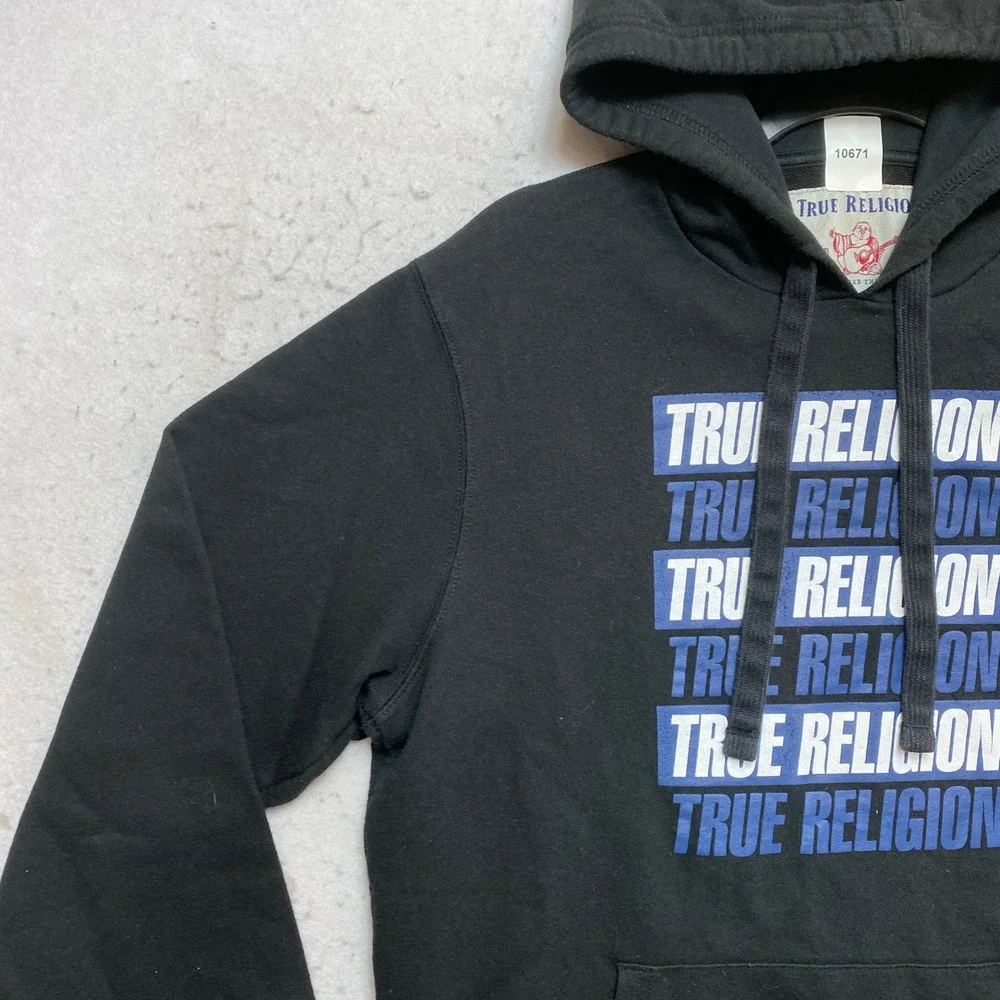 True Religion Hoodie Mens M Black Graphic Logo Sweatshirt Pullover
